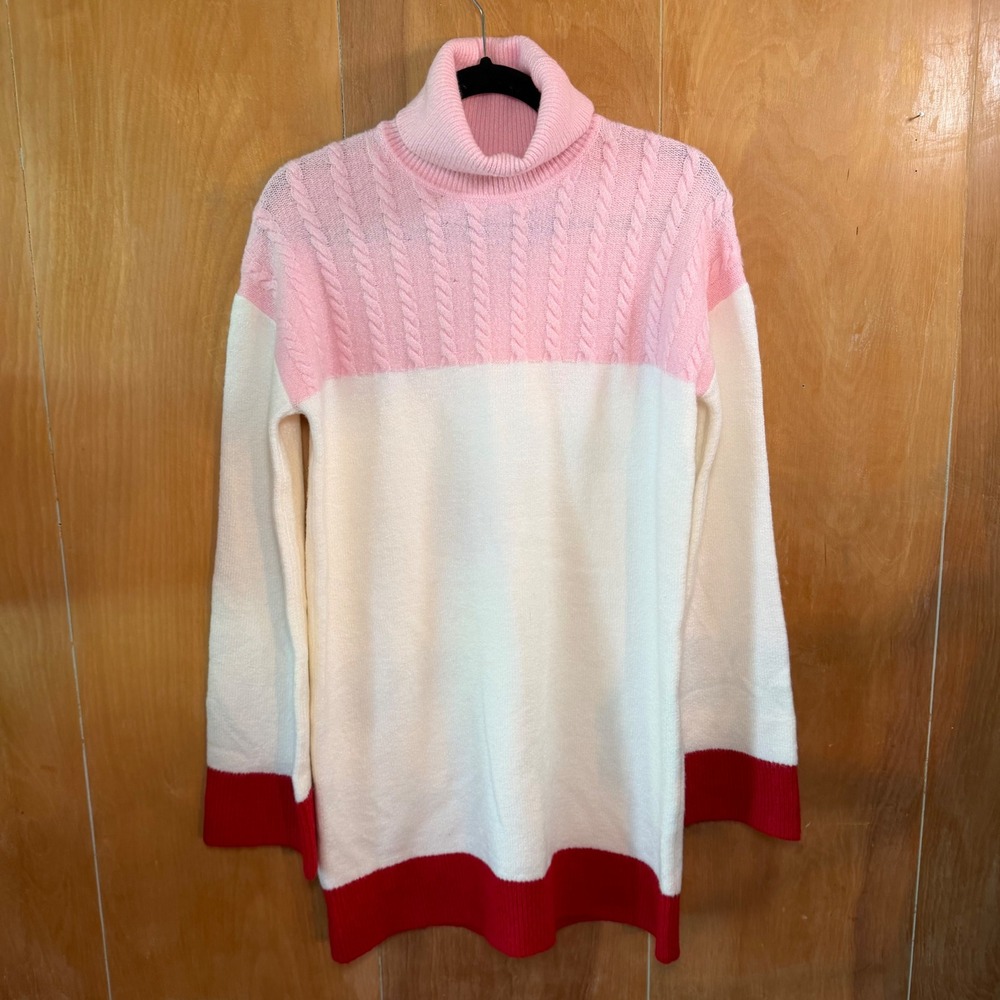 Lovers + Friends Pink Cream Red Colorblock Cable Knit Turtleneck Sweater Dress S